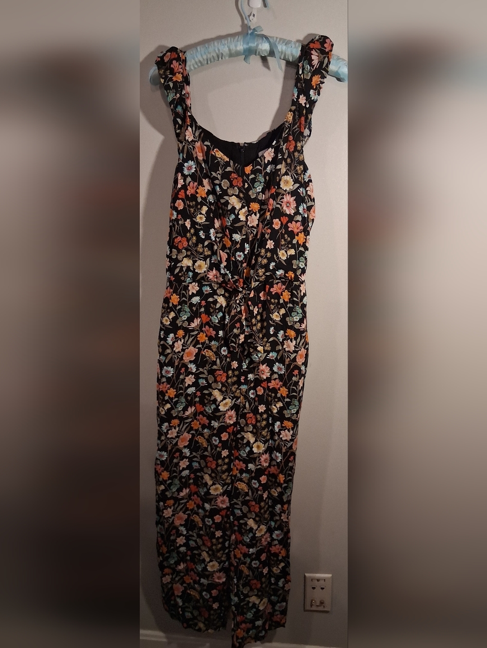 LOFT  Cottagecore Ruffle Tie Front Jumpsuit Black Floral Wide Leg Size 10 Petite